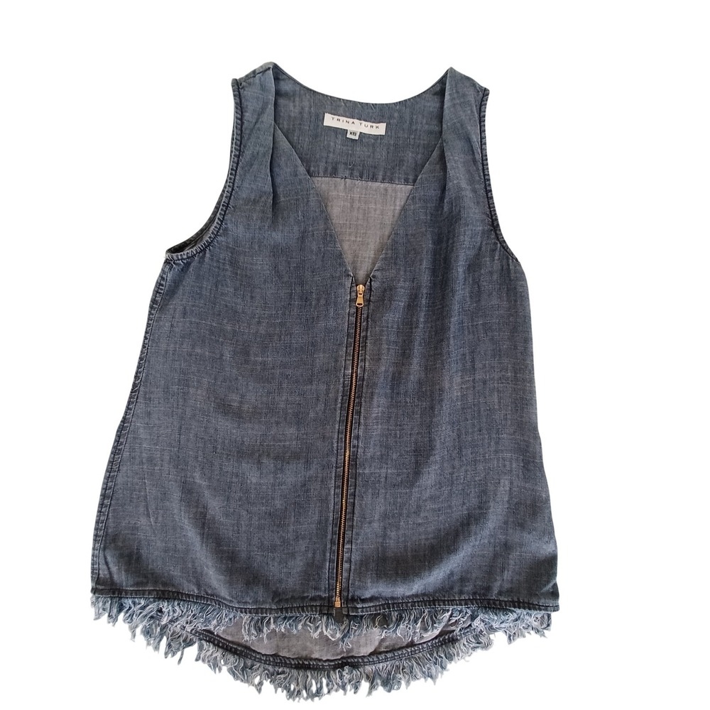 Trina Turk Womens XS Blue Lyocell Linen Zip Front Frayed Hem Tank Top 174115